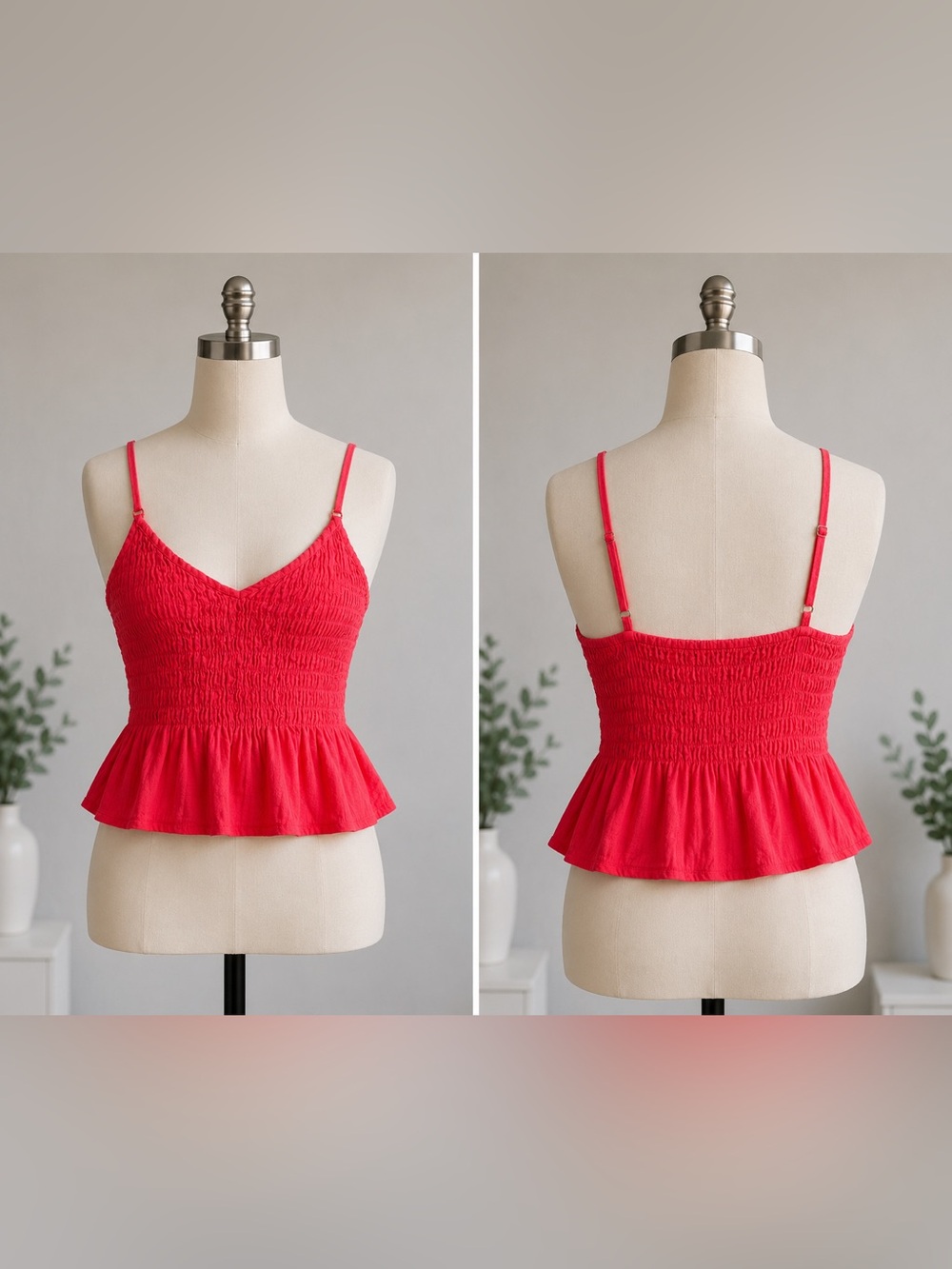 Bright red smocked peplum crop top with adjustable straps and stretchy fit